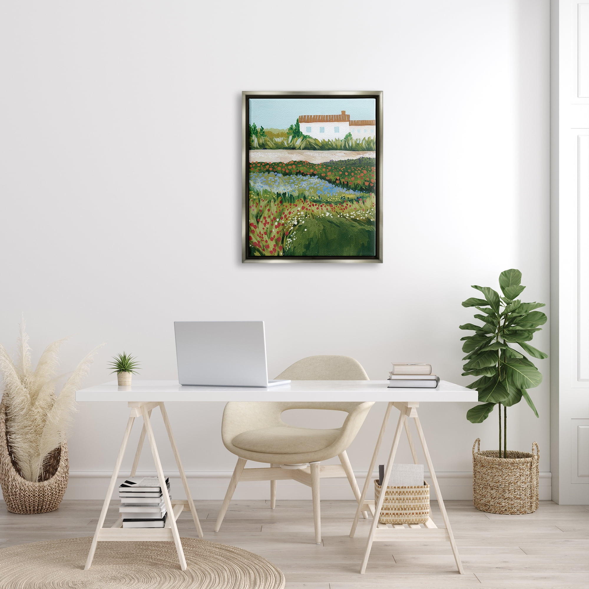 Stupell Country Cottage Meadow Road Landscape Painting Gray Floater Framed Art Print Wall Art
