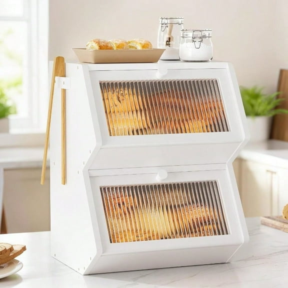 Double Layer Bread Box for Kitchen Countertop, Large Bamboo Bread Storage Container for Homemade Bread, Farmhouse Bread Holder for Kitchen Counter Cabinet, Pantry, Cupboard (White, Medium)
