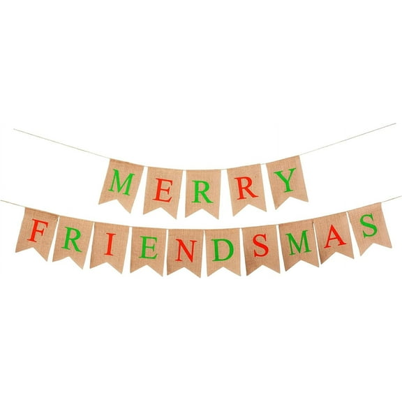 Burlap Merry Friendsmas Banner Sign - Rustic Happy Friendsmas Decorations for Party, Merry Christmas Celebration and Backdrop Decor