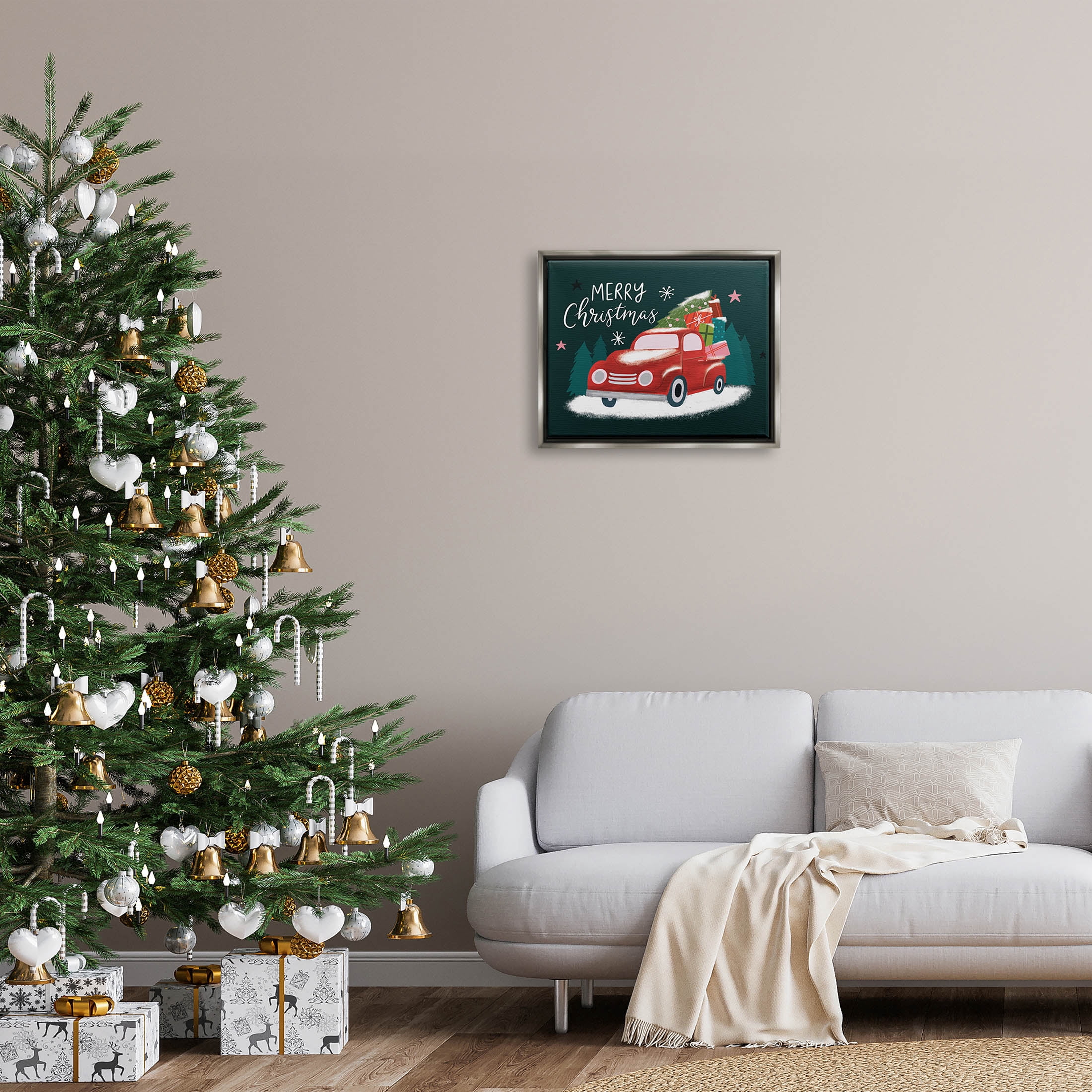 Merry Christmas Gifts Truckload Holiday Graphic Art Luster Gray Framed Art Print Wall Art
