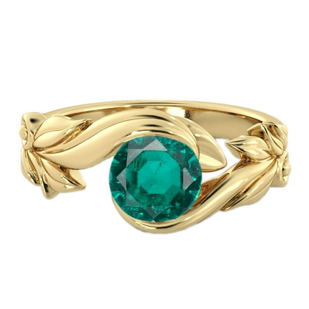 - 1 CT Lab Created Green Emerald Stone Ring 14K Yellow Gold Flower Leaves Leaf
