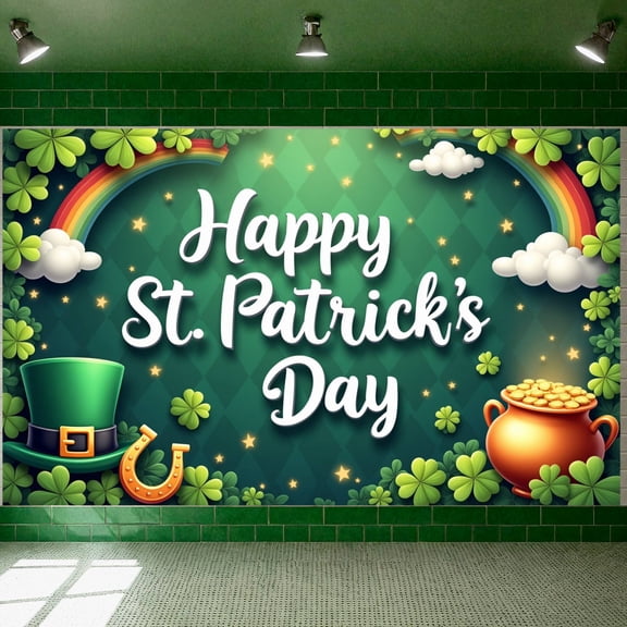 Green Theme St. Patrick's Day Banner Shamrock Pattern Happy St. Patrick's Display Rainbow Accent Pot of Gold Design Shamrock Backdrop for St. Patrick's Day Party  Celebration Indoor Decoration