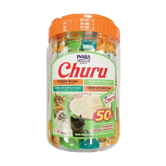 INABA Churu Friandises pour Chats, Léchables, Pressables, Pure Crémeux avec Extrait de Thé Vert & Taurine, 0.5 Onces par Tube, 50 Tubes, Variété Poulet & Fruits de Mer