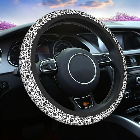 Baroque Flower Black Steering Wheel Cover,Flowers Blossom Boho Breathable Auto Car Steering Wheel Cushion Case for Men Universal 15 Inch Steering Wheel Protection