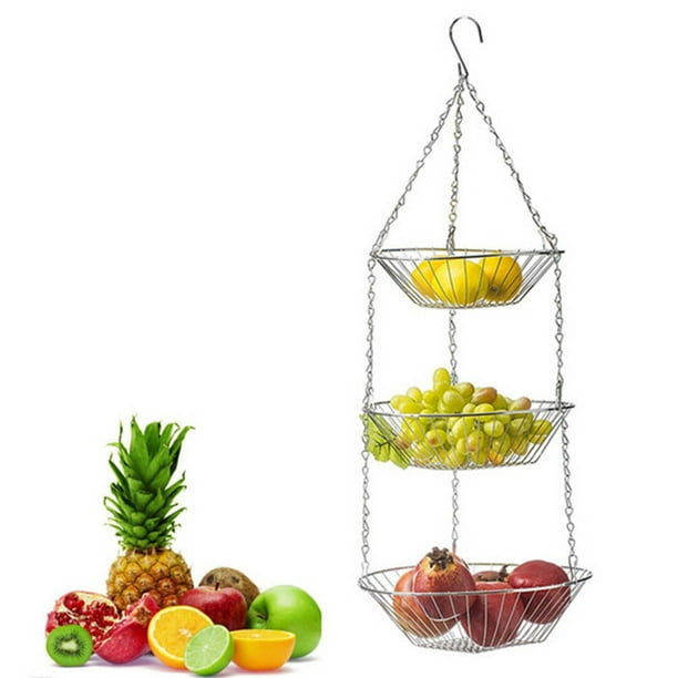 Cesta colgante de frutas de 3 capas, cesta colgante de frutas, almacenamiento de frutas, estilo moderno, para cocina, alta capacidad, metal resistente, plegable fácilmente, diseño de 3
