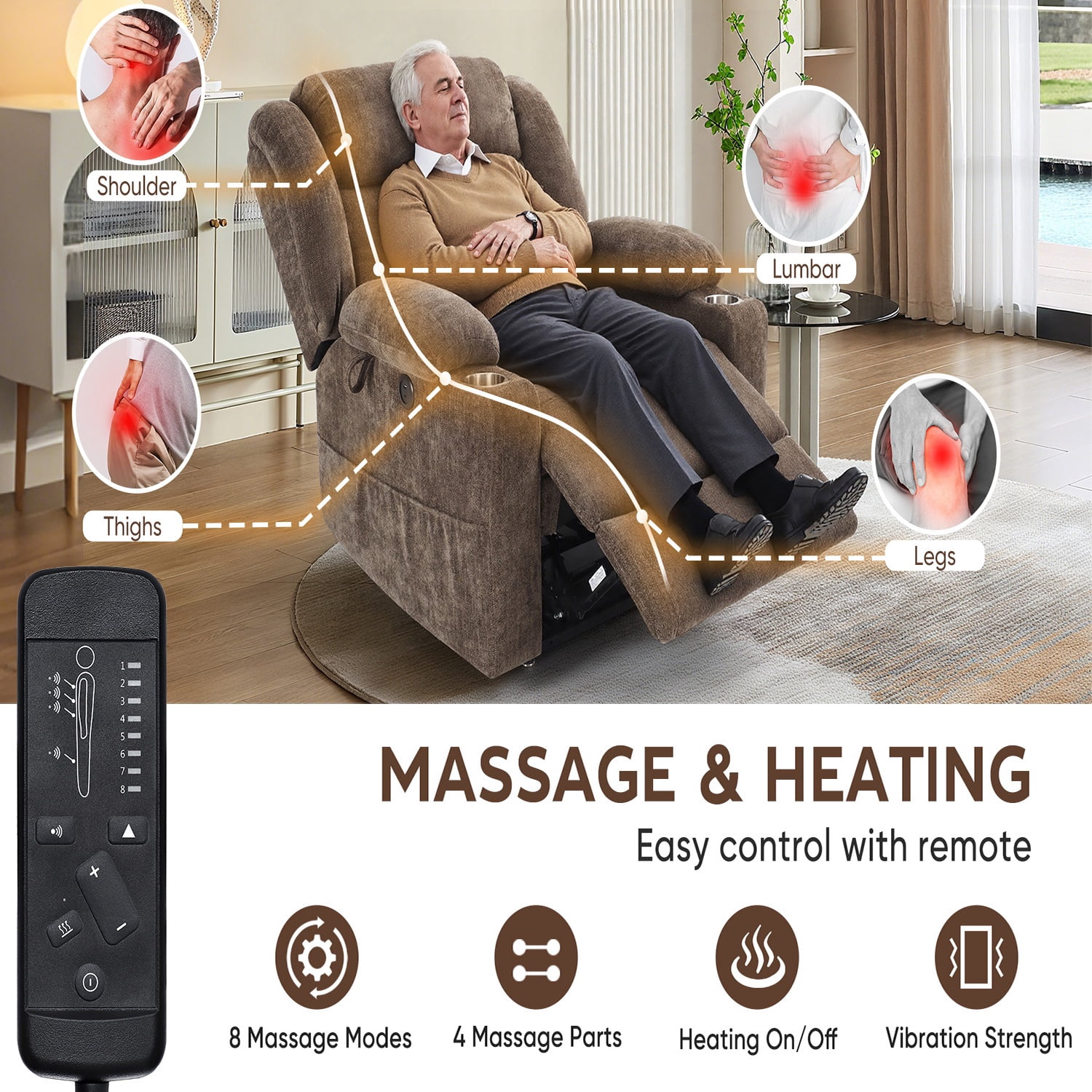 JULY'S SONG Power Recliner Chair with Heat and Massage, Dual Motor Lift Chairs for Elderly with Cup Holders, Oversized Recliners for Adults with USB & Type-C Ports, Brown