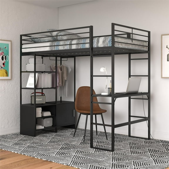 DHP Lanis Twin Loft Bed with Desk and Storage, Black