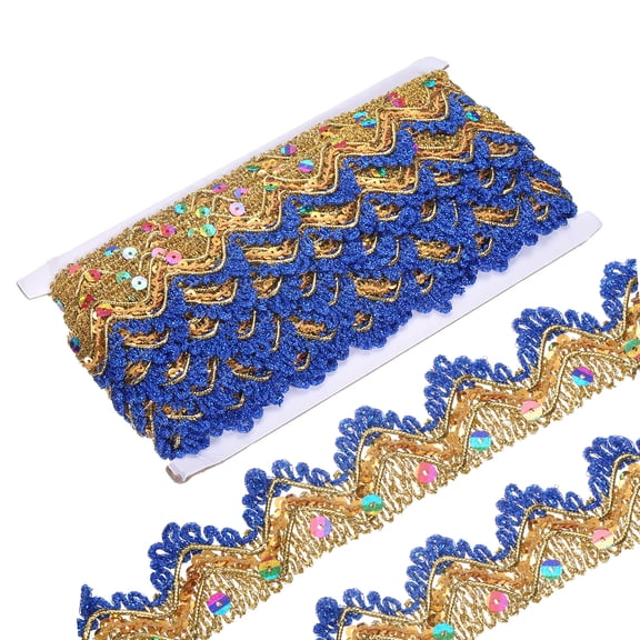 10 Yard Shiny Beaded Lace Trim 1.4 Inch Metallic Sequin Lace Fabric Ribbon for DIY Crafts Sewing Clothes Gift Wrapping Home Decoration, Dark Blue/Gold