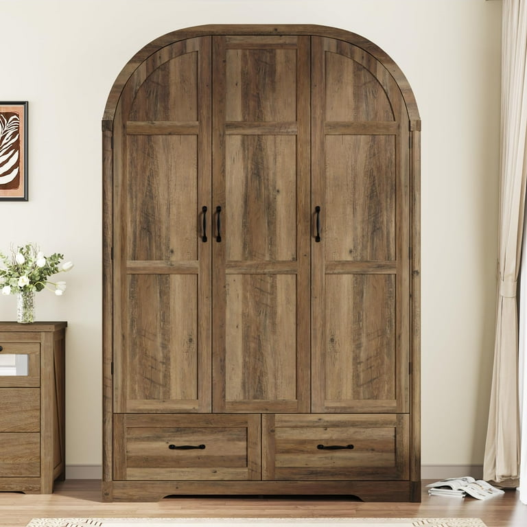 Arched 3-Door Armoire Wardrobe Closet with Mirror & Motion Sensor