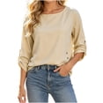 thumbnail image 2 of Warop Women's Adjustable 3/4 Sleeve Tops Round Neck Side Button Decorated Loose Casual Solid Color Blouses, 2 of 7