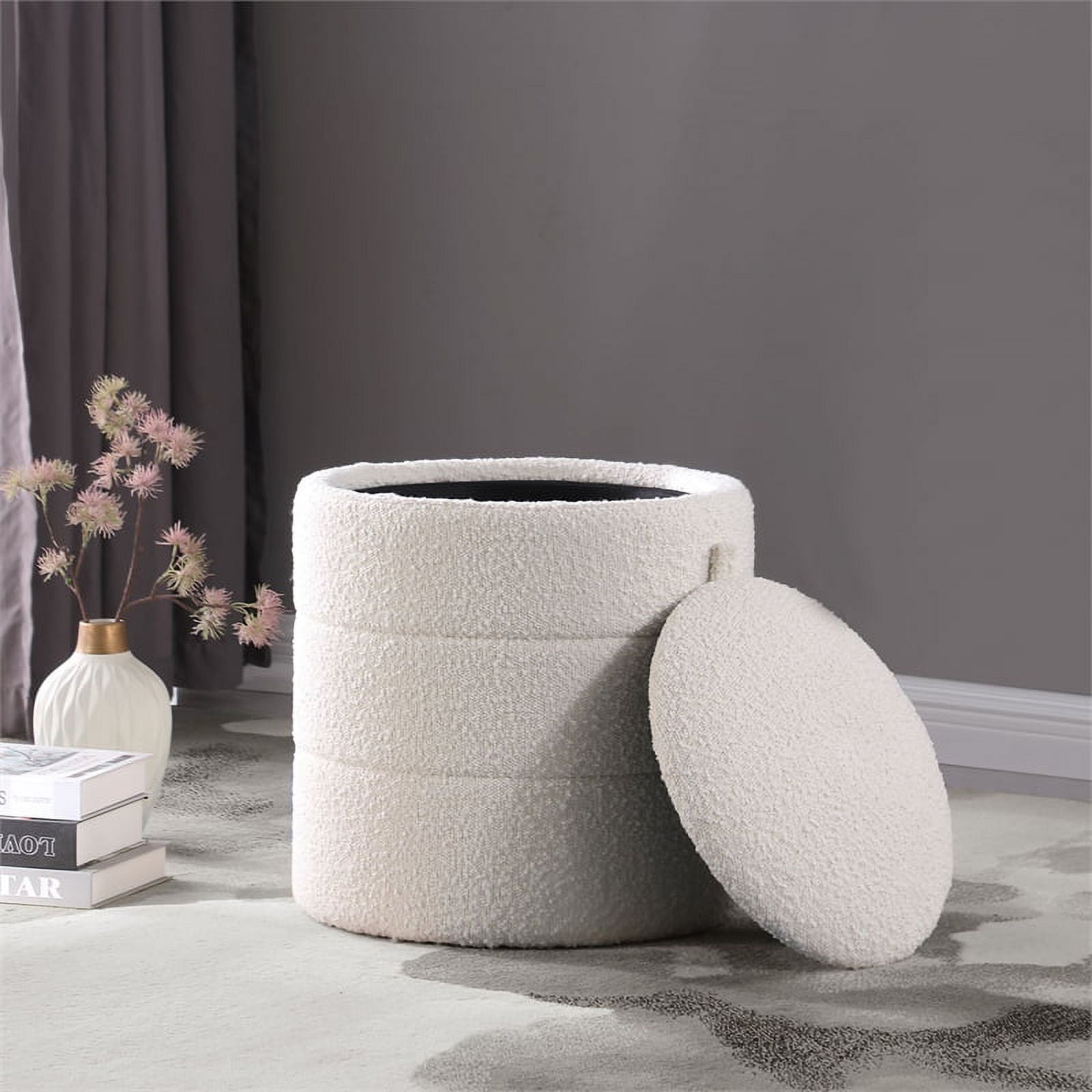 HomePop Round Storage Ottoman, Cream Boucle