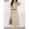 thumbnail image 3 of VONDA-vestido de oficina elegante para mujer, vestido Midi informal de manga larga, Color liso, para verano, 2024, 3 of 5