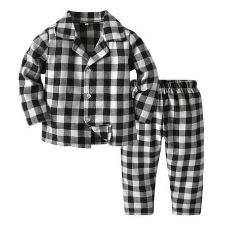 

Toddler Boys and Girls Spring and Autumn Long Sleeve Pants Home Suit Classic Fashion Plaid Print Lapel Pajamas Children s Casual Breathable Home Suit