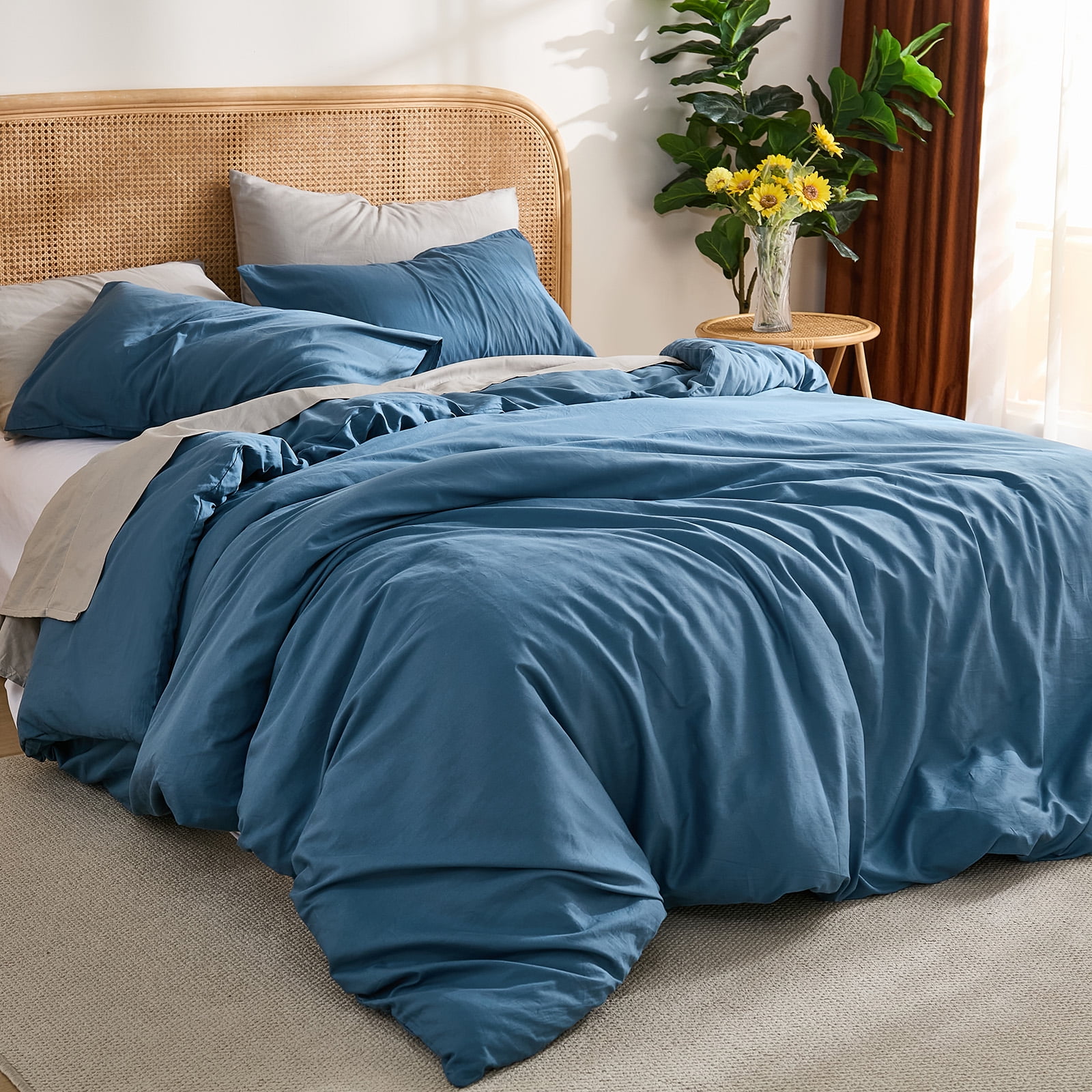 100% Washed Cotton Duvet Cover –Dark Blue, Linen-Like Texture, Super Soft & Breathable Bedding Set, 3-Piece Durable Percale Comforter Cover