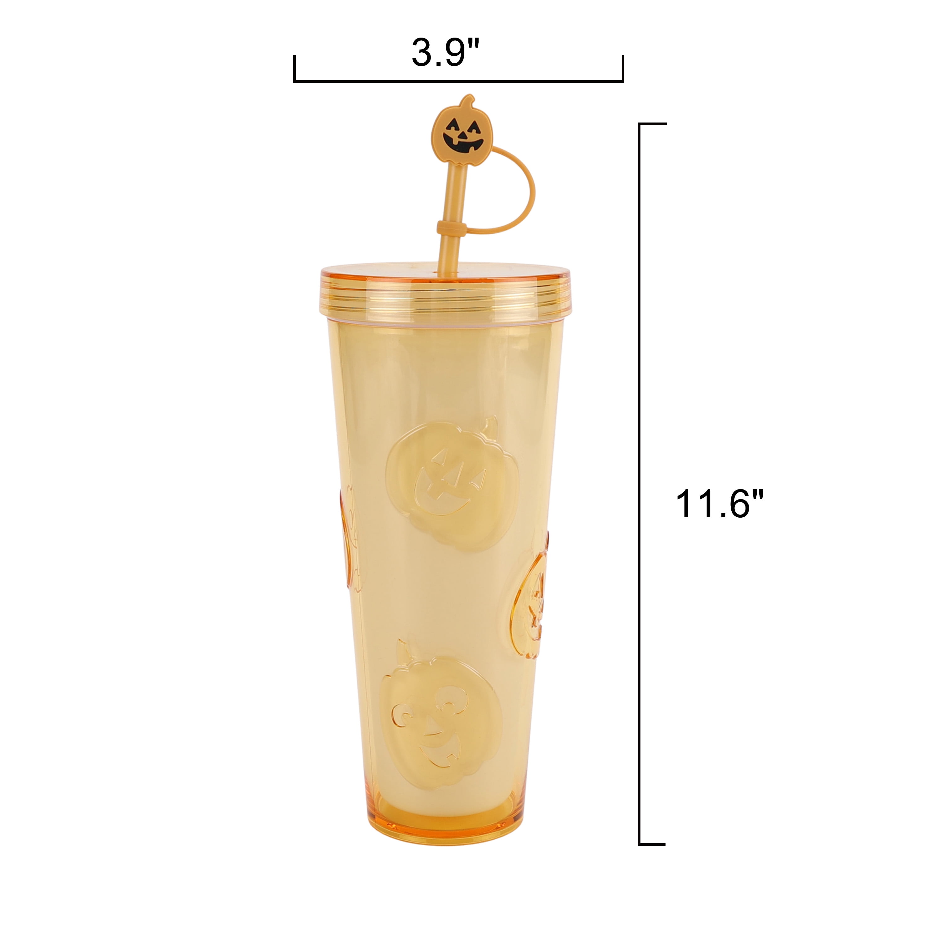 Way To Celebrate 26 oz Glow-in-the-Dark Double Wall Acrylic Jack o Lantern Tumbler with Silicone Straw Topper, Orange