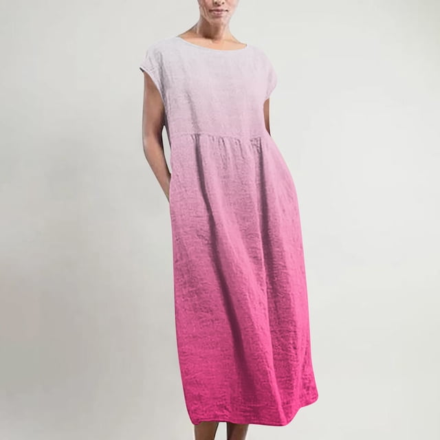 ICHUANYI Clearance Women’s Sleeveless Maxi Pockets Linen Loose Baggy Kaftan Long Dress(Pink, L) ICHUANYI WER2023081507293