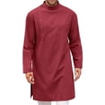 thumbnail image 2 of FINALGANG Mens Band Stand Collar Diagonal Side Button Solid Color Long Sleeve Long Tunic Side Split Loose Fit Ethnic Daily Casual Long Tops Czoy Top Red M, 2 of 8
