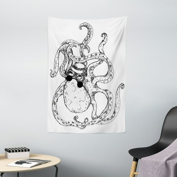 Octopus Tapestry, Hipster Octopus Tattoo Style Artwork Undersea Creature Monster Cartoon Print Art, Wall Hanging for Bedroom Living Room Dorm Decor, 40W X 60L Inches, White Black, by Ambesonne