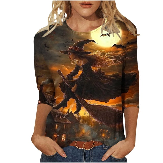 Chandail à Capuche Oversize pour Femmes, Mode Halloween, Col Rond Imprimé, Manches Trois-Quarts, T-shirt Ample, Col Rond, Grande Taille, Multicolore