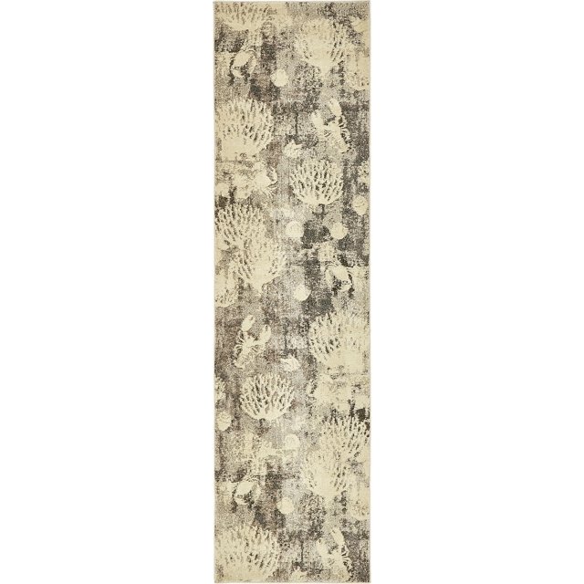 Unique Loom Positano Collection Coastal, Coral, Lobsters, Abstract, Distressed, Vintage Area Rug, 2' 7 x 10' 0, Light Gray/Beige