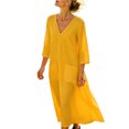 thumbnail image 3 of KHONTS Women's 3/4 Sleeve Summer Maxi Dress Plus Size Casual Linen Flowy Beach V-Neck Dress with Pockets Yellow XL, 3 of 9