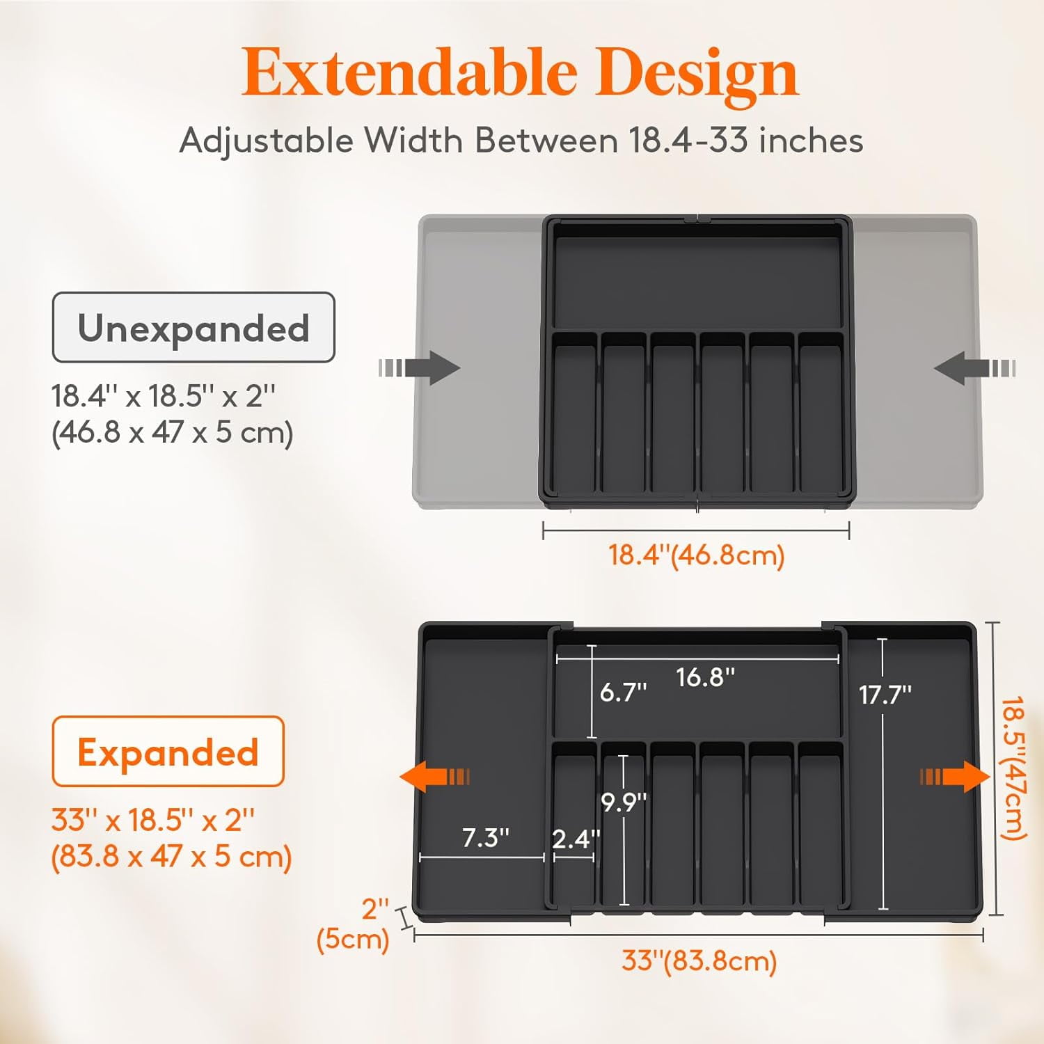 Silverware Drawer Organizer, Expandable Utensil Tray for Kitchen, BPA Free Flatware and Cutlery Holder, Adjustable Plastic Storage for Spoons Forks Knives, 8.5-14 x 12", Black