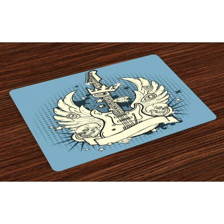 

Ambesonne Guitar Place Mats Set of 4 Rock n Roll Retro Grunge Standard Size Pale Blue Black Ivory