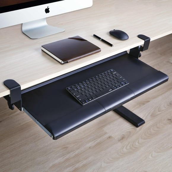 26.8 x 11.1 inch Under Desk Keyboard Tray, Keyboard and Mouse Stand Slide Pull Out with C Clamp and Storage Compartment for Home Office