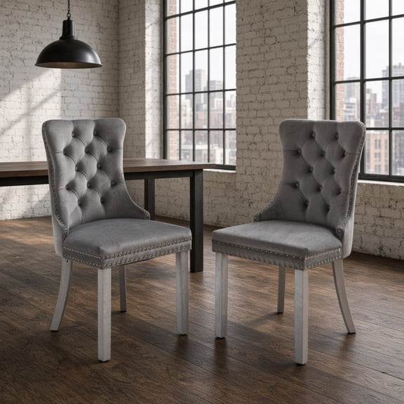 Modern Tufted Velvet Dining Chairs Set of 2, High Back Upholstered Side Chairs with Solid Wood Legs & Nailhead Trim, Contemporary Seating for Dining Room, Light Grey