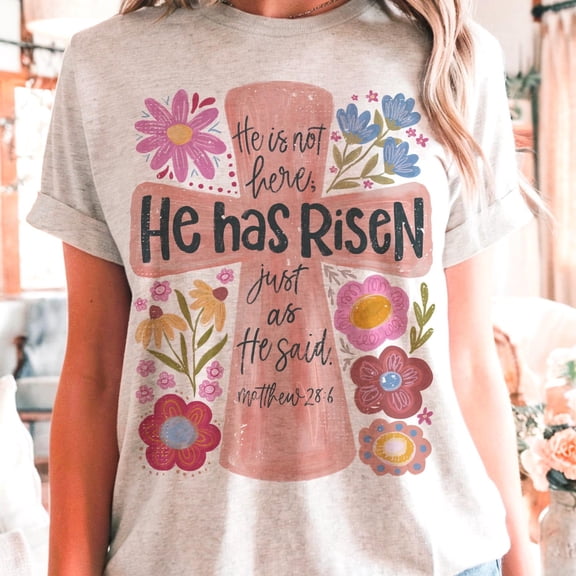 He Has Risen Christian Easter Shirt, Resurrection Day T-Shirt with Boho Floral and Brushstroke, Inspirational Faith Tee for Easter