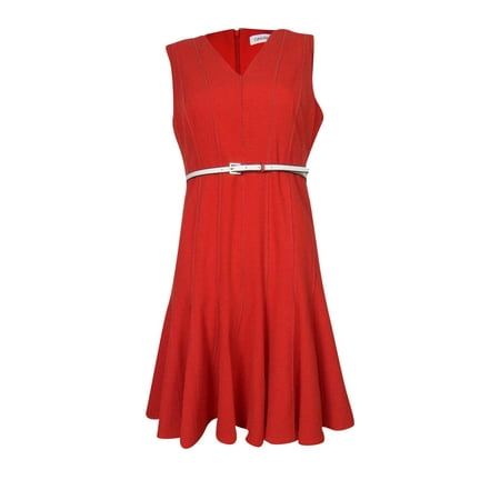 Calvin Klein Women's Textured Seam Belted V-Neck Dress