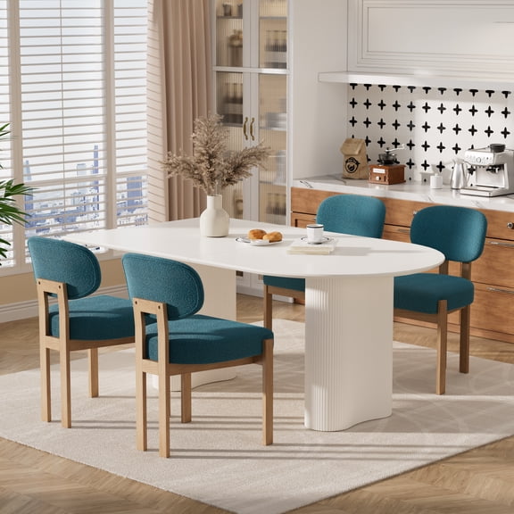 Katboc 63in Dining Table with 4 Upholstered Chairs, Modern 4-8 Person Kitchen Set, Thick Wave Legs and Farmhouse Design for Home Dining Room, Cream and Blue