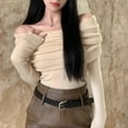 thumbnail image 2 of BUYISI Womens Off Shoulder Sweater Elegant Knitted Pullover High Stretch GraceTop Khaki, 2 of 9