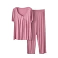 thumbnail image 2 of Dwaogom Women Fashion V-Neck Casual Solid Short Sleeve Tops Outing Long Pants Sets Long Sleeve Pullover And Drawstring Sweatpants Women's Outfit Sweater Set, 2 of 8