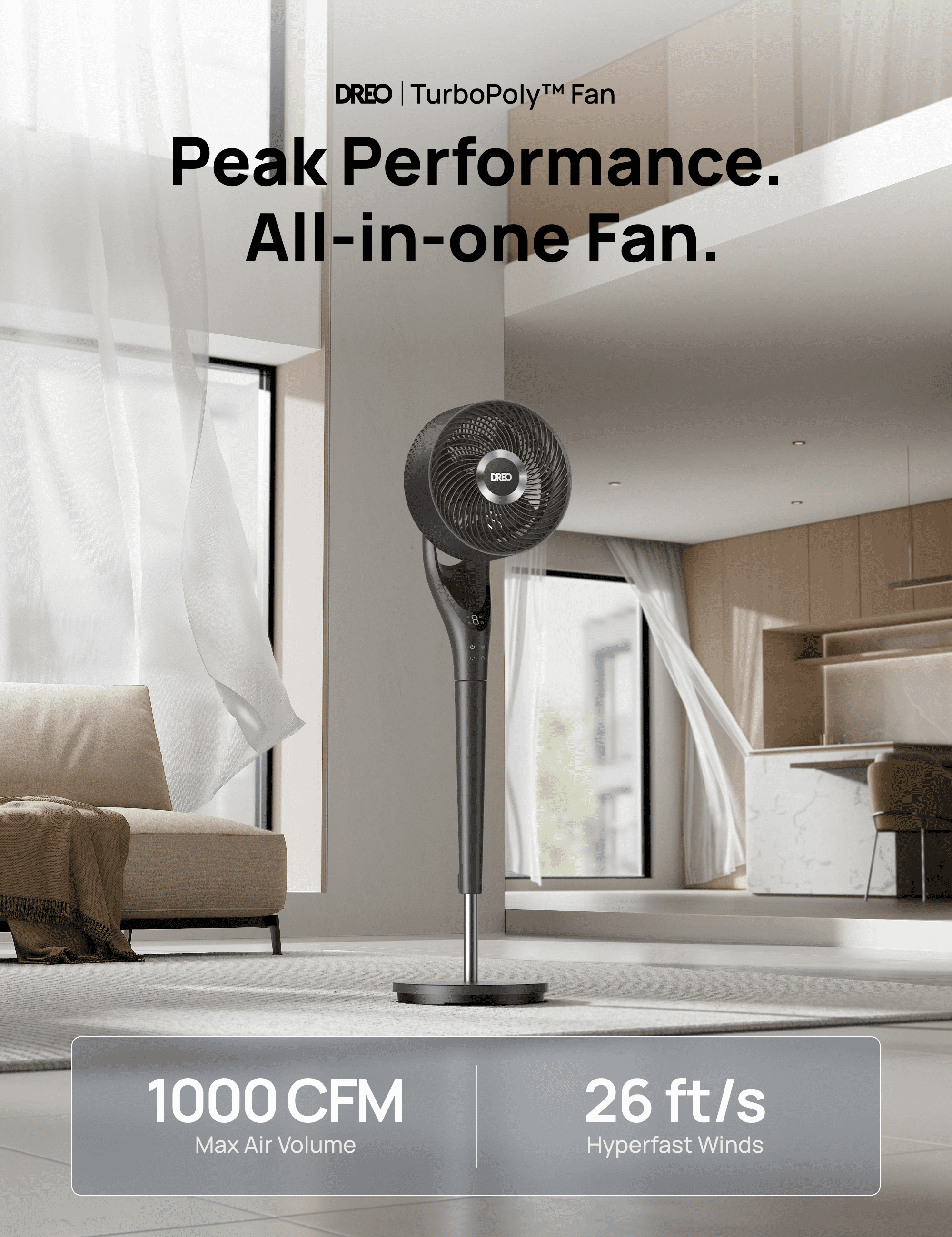 DREO Pedestal Fan for Bedroom, 90-degree Oscillating Standing Fan, Quiet Floor Fan with DC Motor, 95ft of Air Flow, 9 Speeds, 3 modes, 25dB, 120-degree Manual Tilt, Adjustable Height, Timer, Remote