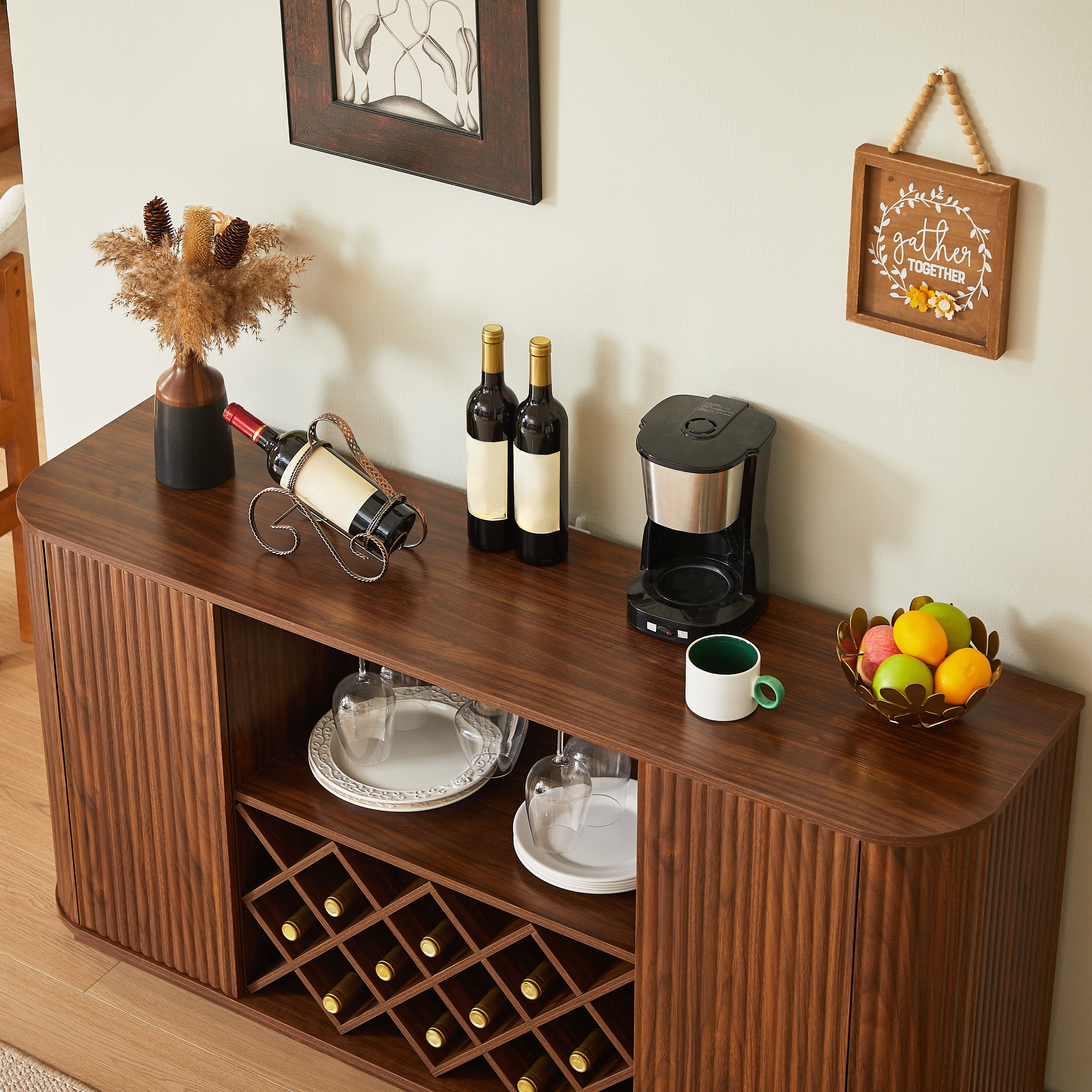 58" Sideboard Storage Cabinet With Wine Rack And Glassware Holder, Adjustable Shelves For Wine Storage And Coffee Bar, Suitable For Kitchens And Dining Rooms