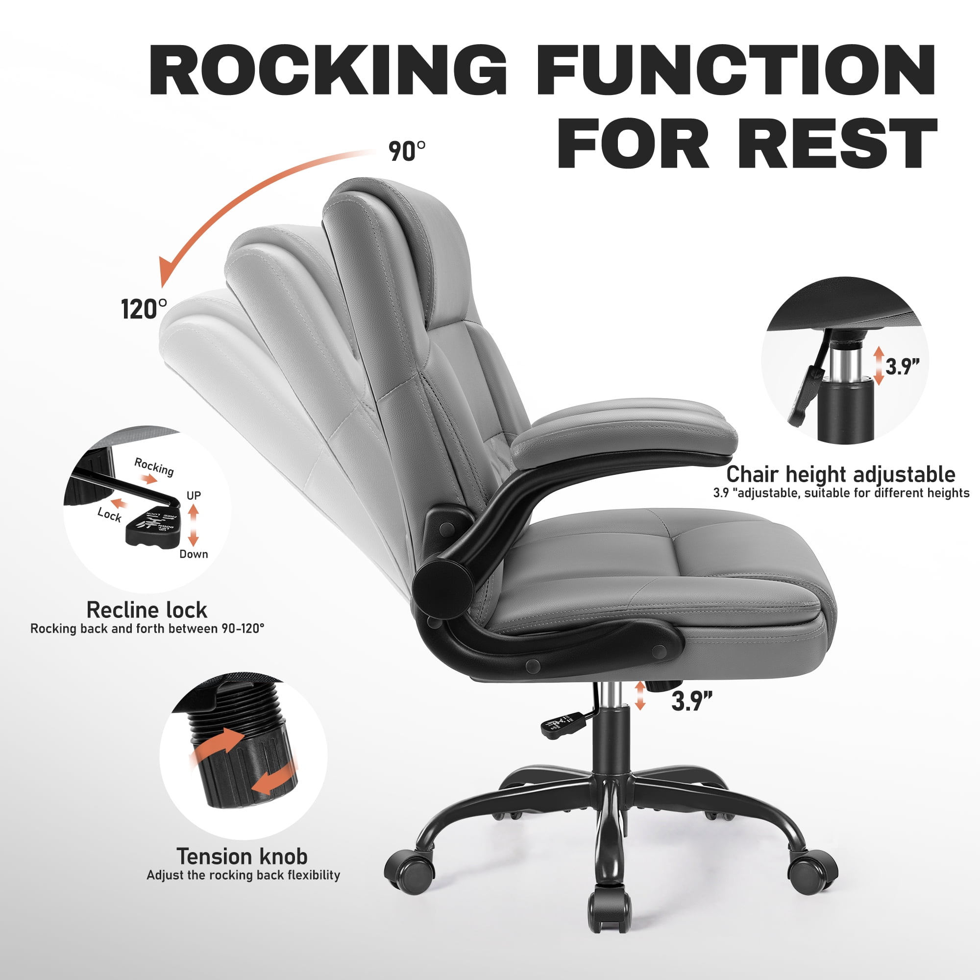 COOLHUT Office Chair, Executive Leather Chair Home Office Desk Chairs, Computer Chair with Adjustable Flip-up Padded Arms, Lumbar Support Swivel Desk Chair with Adjustable Hight and Tilt, Gray