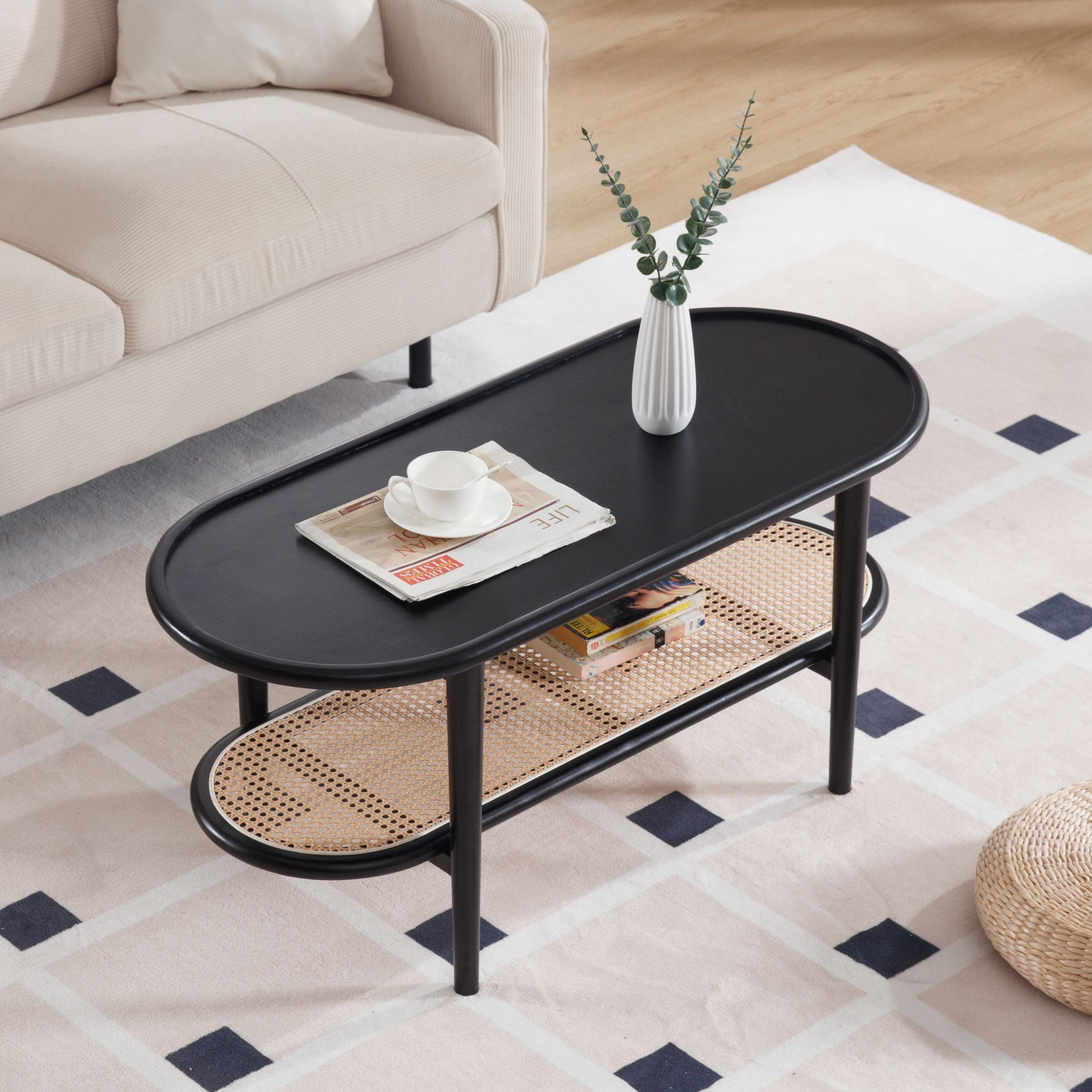 Dayalane Black Rattan Coffee Table,Mid-Century Modern 2-Tier Center Table with Storage Shelf Wooden Top for Living Room, Bedroom or Small Spaces