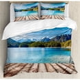thumbnail image 3 of Scenery Decor Twin Size Duvet Cover Set, Snowy Mountain Tops from Old Wood Deck Pier by Sea Idyllic Calm Coastal Charm, Decorative 2 Piece Bedding Set with 1 Pillow Sham, Blue Brown, by Ambesonne, 3 of 3