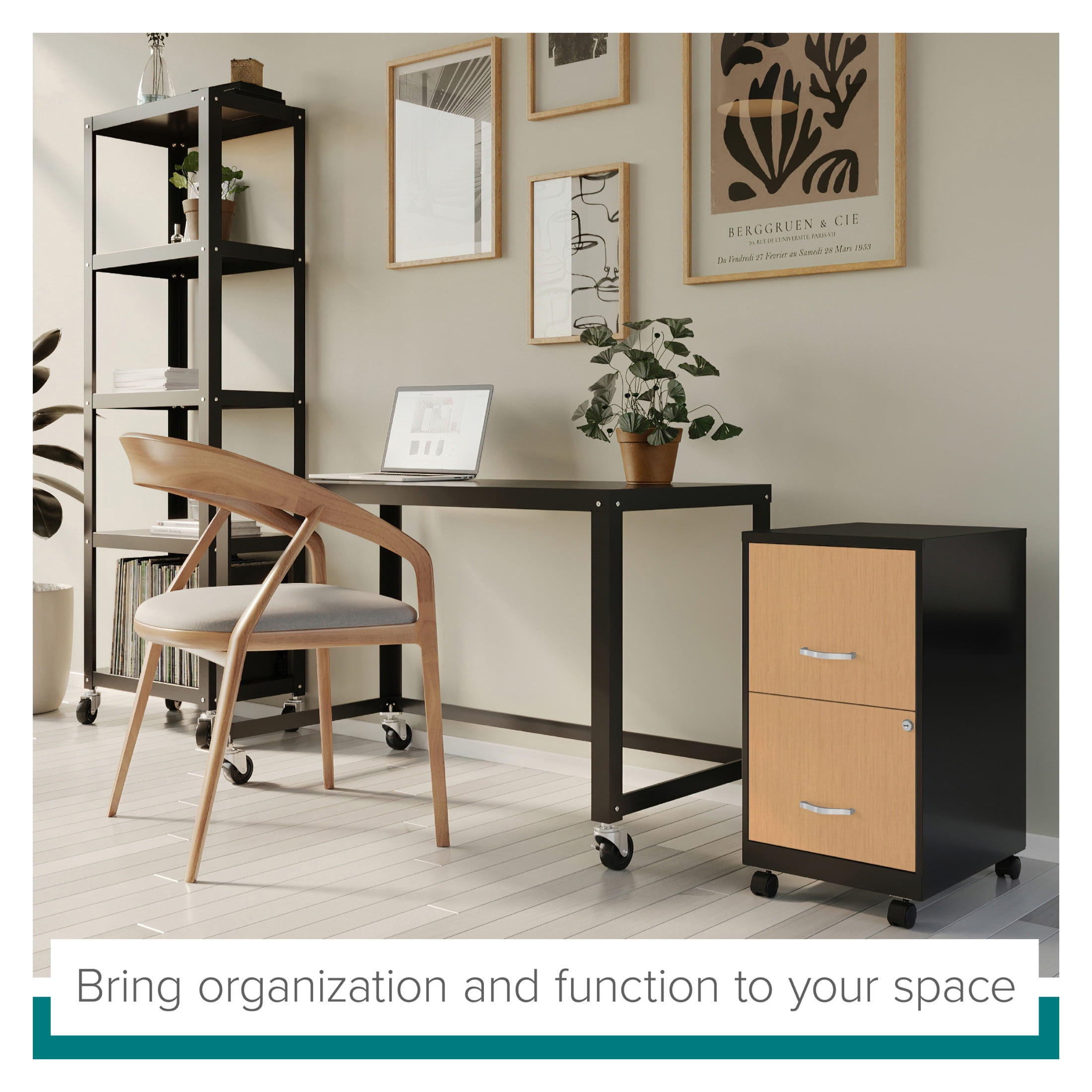 Space Solutions 18" Deep 2 Drawer Mobile File Cabinet with Wood Pattern Drawer Fronts, Black/Platinum Oak