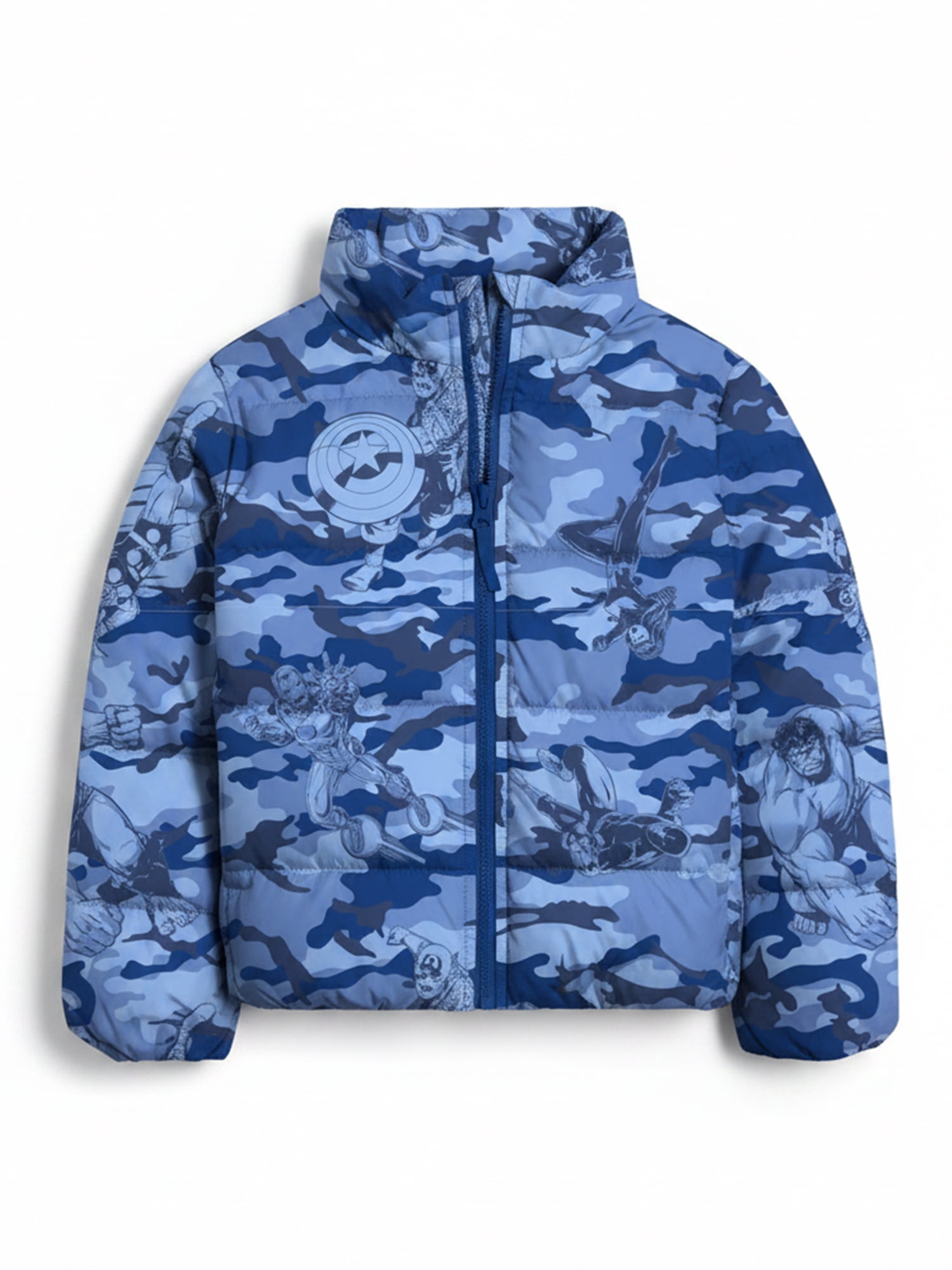 Boys’ Avengers Camo Print Puffer Jacket, Light Blue, Sizes XS–XL