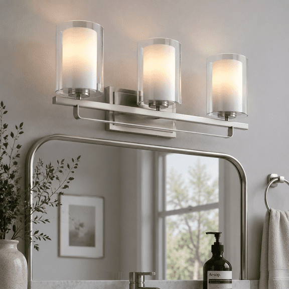 YANSUN 23.2in 3-Light Modern Bathroom Vanity Light, Brushed Nickel Vanity Light Fixture with Glass Shades, E26 Base for Bathroom Mirror, Bedroom