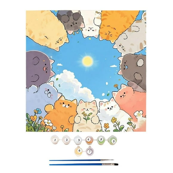 ZOUBAOQ Kit Lukisan Minyak Digital Kucing Comel, Seni DIY Mengikut Nombor Untuk Kanak-Kanak dan Pemula, Set Lengkap 20x20cm Dengan Bingkai Kanvas & Cat, Hiasan Rumah