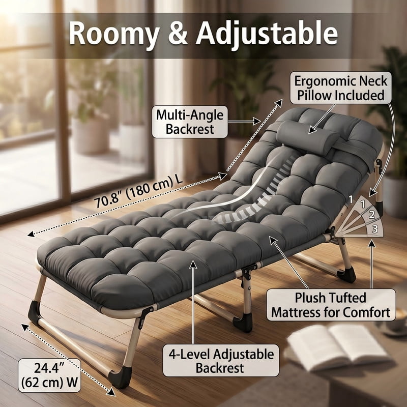Heavy-Duty Folding Bed with Plush Mattress, 550 LBS Capacity Foldable Cot with Adjustable Backrest & Ergonomic Pillow, Portable Guest Bed for Adults, Office Nap, and Outdoor Camping