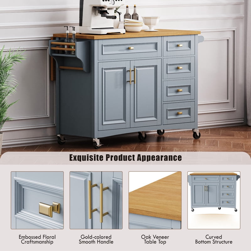 Kitchen Island with Drop Leaf, Kitchen Storage Cart with Spice Rack, Towel Rack, 5 Drawers & Adjustable Shelf