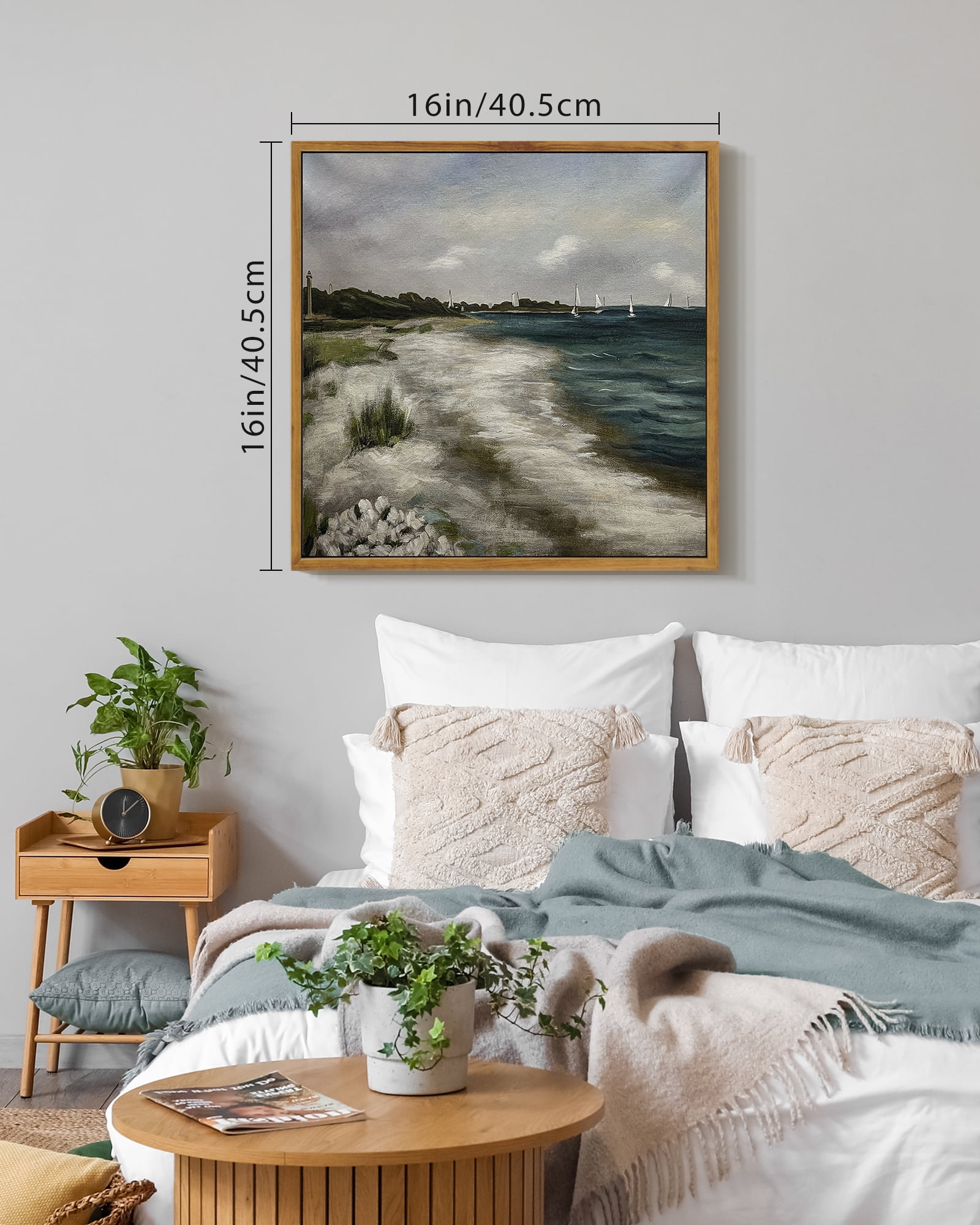 Drsoum Vintage Ocean Seascape Canvas Wall Art 16x16in Natural Framed Seaside Coastal Scenery Classic Bedroom Office Decor