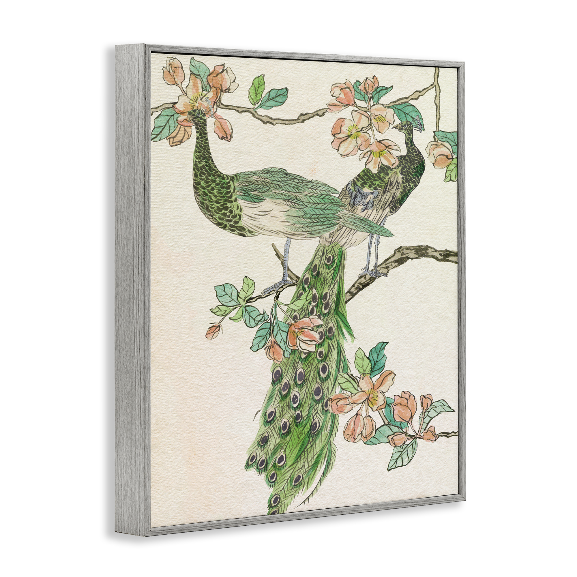 Stupell Industries Peacock & Cherry Blossoms Animals & Insects Painting Gray Framed Art Print Wall Art, 11 x 14