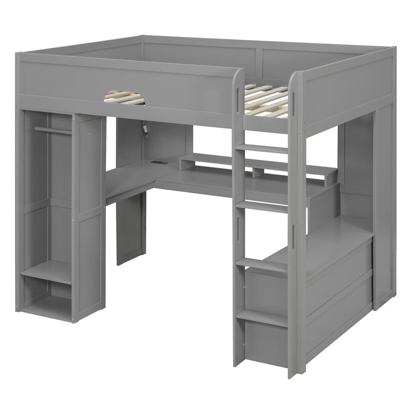 Full Versatile Loft Bed with L-Shaped Desk, LED Light Strip & Charging Station, Storage Kids Bed Frame with Drawers & Wardrobe