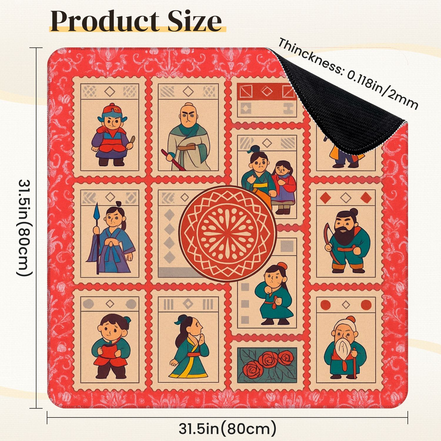 Mahjong Mat 31.5" x 31.5" Chinese Inspired Cartoon Anti-Slip and Noise Reduction Symmetry Design Mahjong Tiles Table Cover for Dominoes Poker Card Board and Tile Games