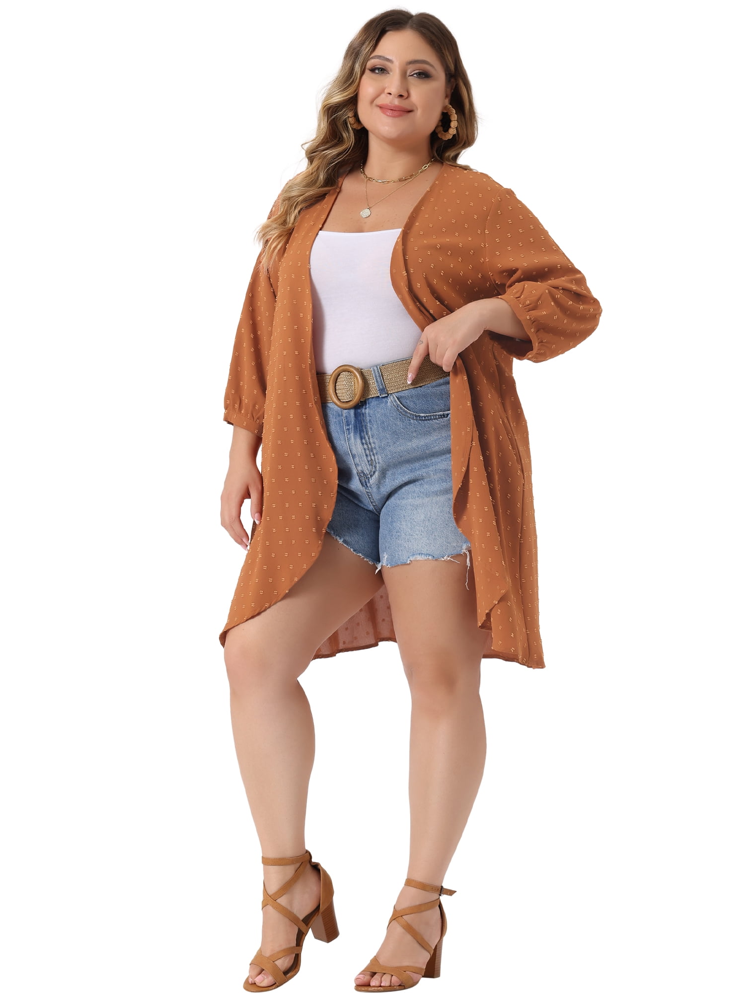 DARING DIVA Plus Size 3/4 Sleeve Swiss Dots Cover Up Cardigan 2X Orange